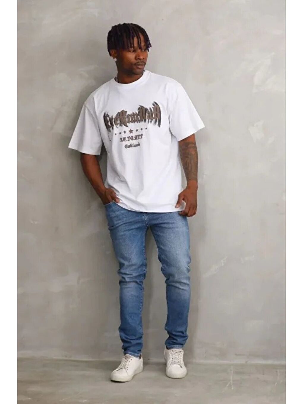 Beyaz Erkek Baskılı Tişört-2