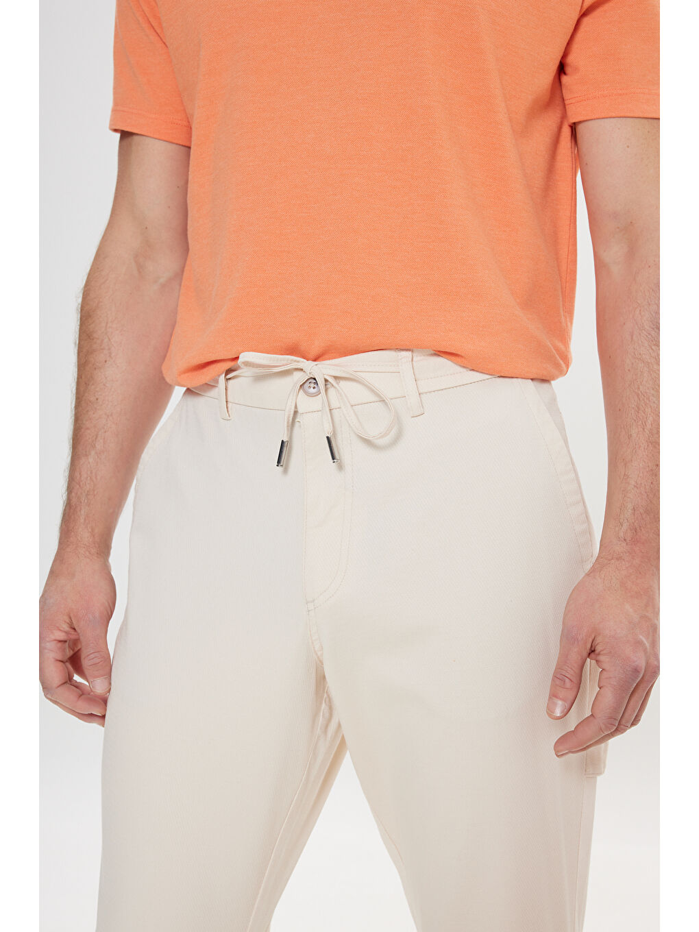 Erkek Bej Oversize Bol Kesim Beli Bağlamalı Pamuklu Esnek Armürlü Yan Cepli Pantolon-2