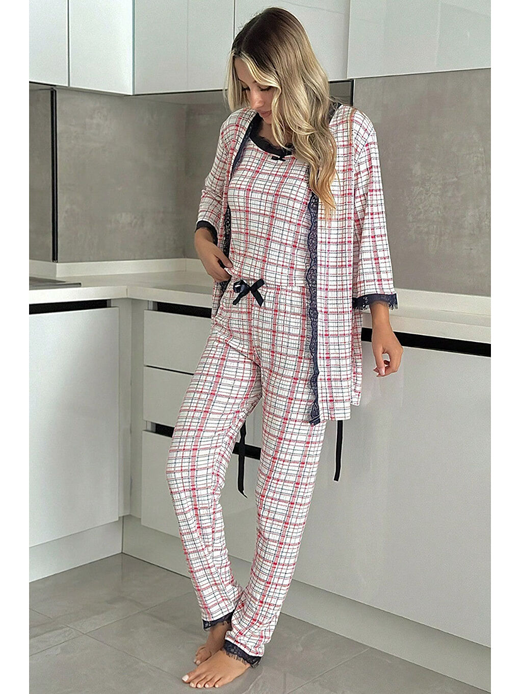 Kırmızı Desenli Üçlü Pijama Takımı Kirmizi - 28073-KIRMIZI-1