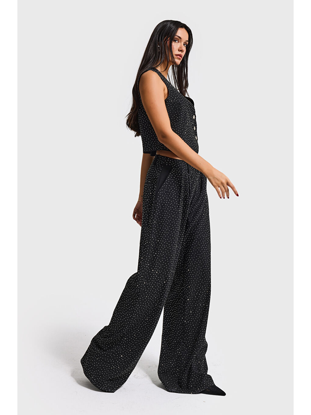 Kadın Siyah w5-1 Palazzo Fit Ful Parlak Taşlı Özel Tasarım Pantolon