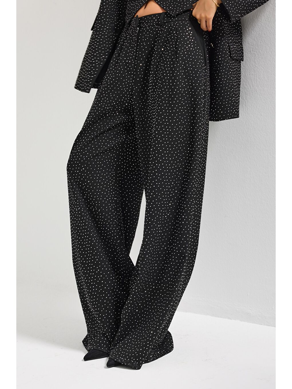 Kadın Siyah w5-1 Palazzo Fit Ful Parlak Taşlı Özel Tasarım Pantolon-1