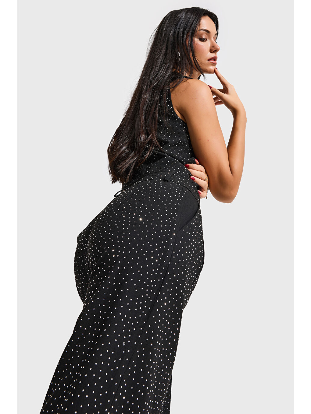 Kadın Siyah w5-1 Palazzo Fit Ful Parlak Taşlı Özel Tasarım Pantolon-2