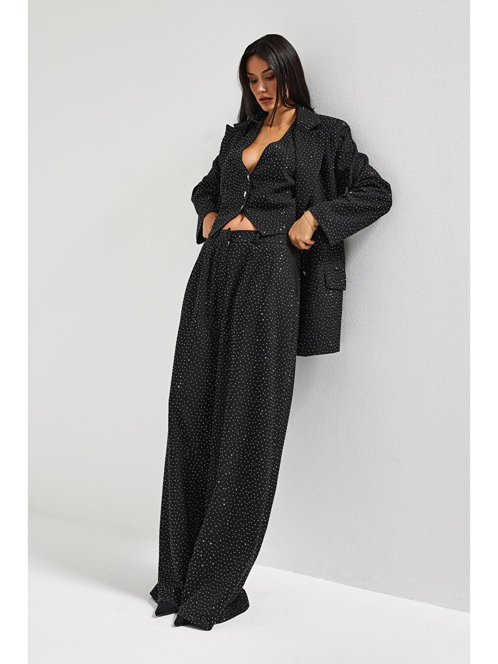 Kadın Siyah w5-1 Palazzo Fit Ful Parlak Taşlı Özel Tasarım Pantolon-3