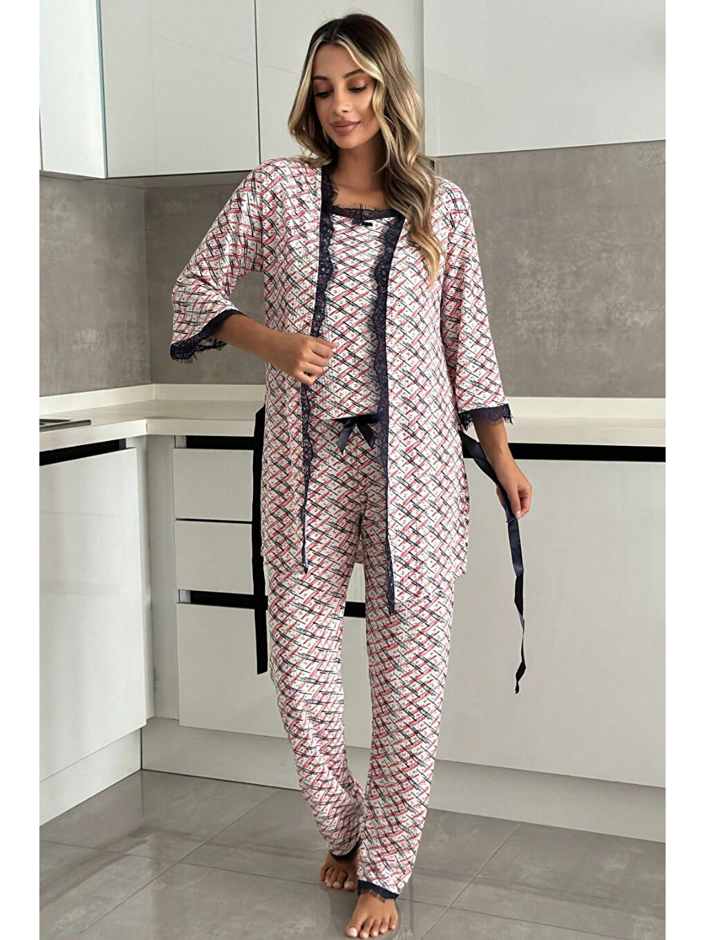 Kırmızı Desenli Üçlü Pijama Takımı Kirmizi - 28071-KIRMIZI-2