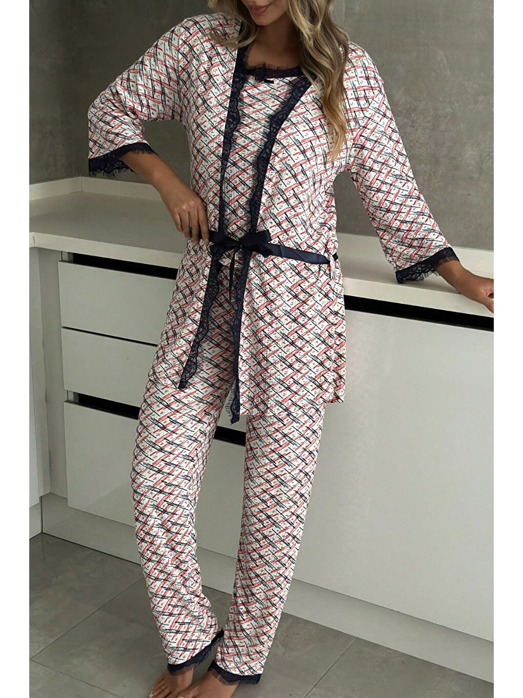 Kırmızı Desenli Üçlü Pijama Takımı Kirmizi - 28071-KIRMIZI-3