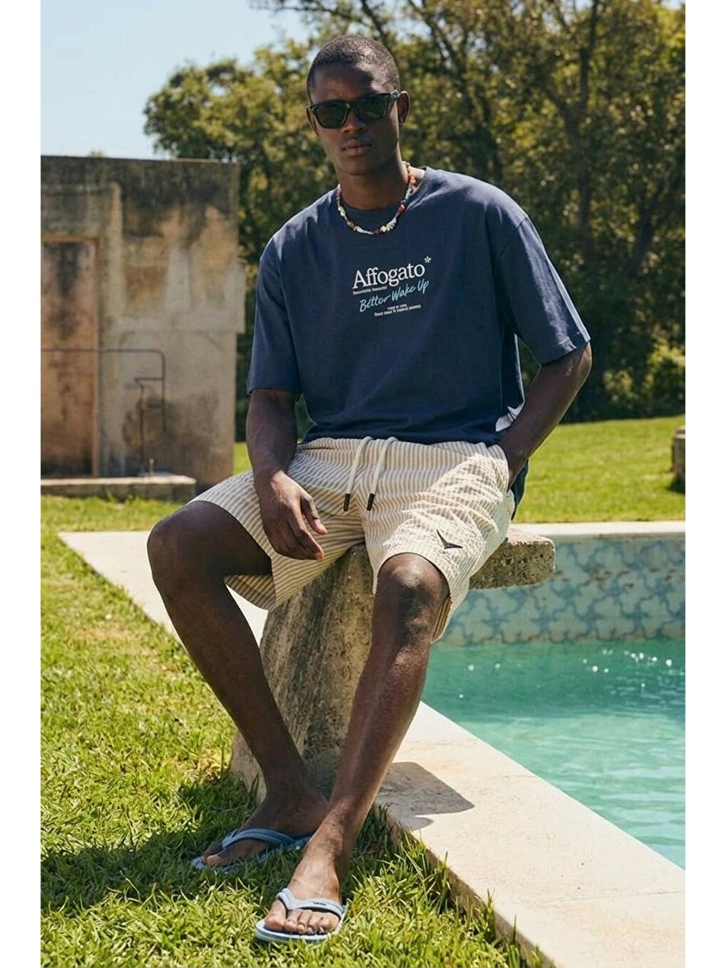 Ekru Erkek Relax Fit Beli Lastikli Çizgili Krem Jogger Şort-2