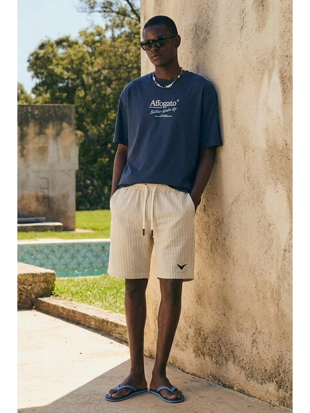 Ekru Erkek Relax Fit Beli Lastikli Çizgili Krem Jogger Şort-3