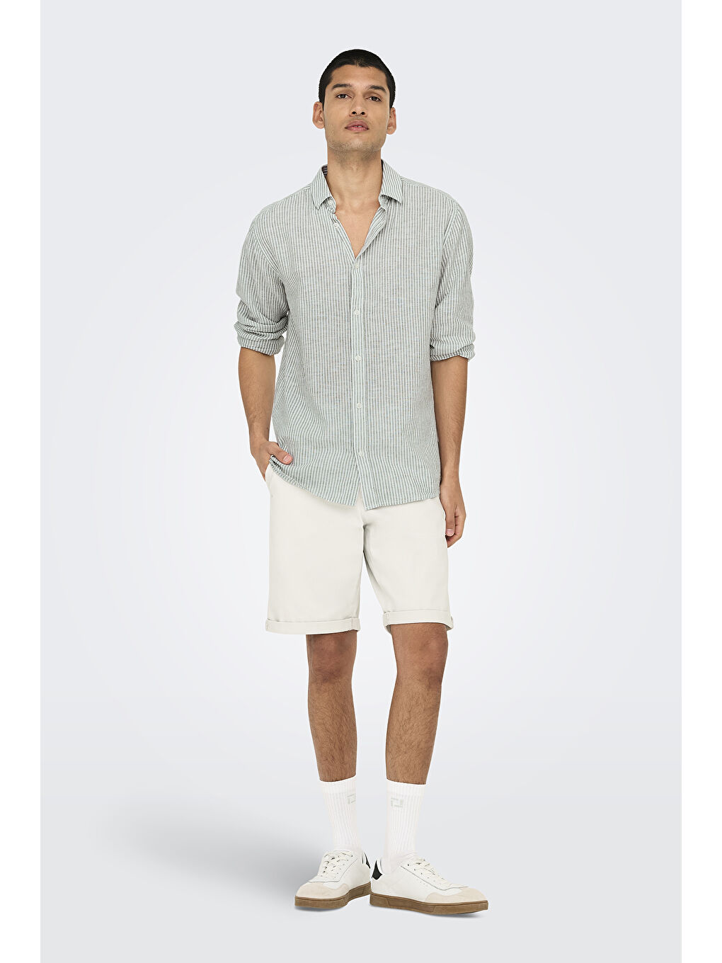 Bej Onscaiden Çizgili Pamuk ve Keten Karışımlı Slim Fit Gömlek 22026601-1