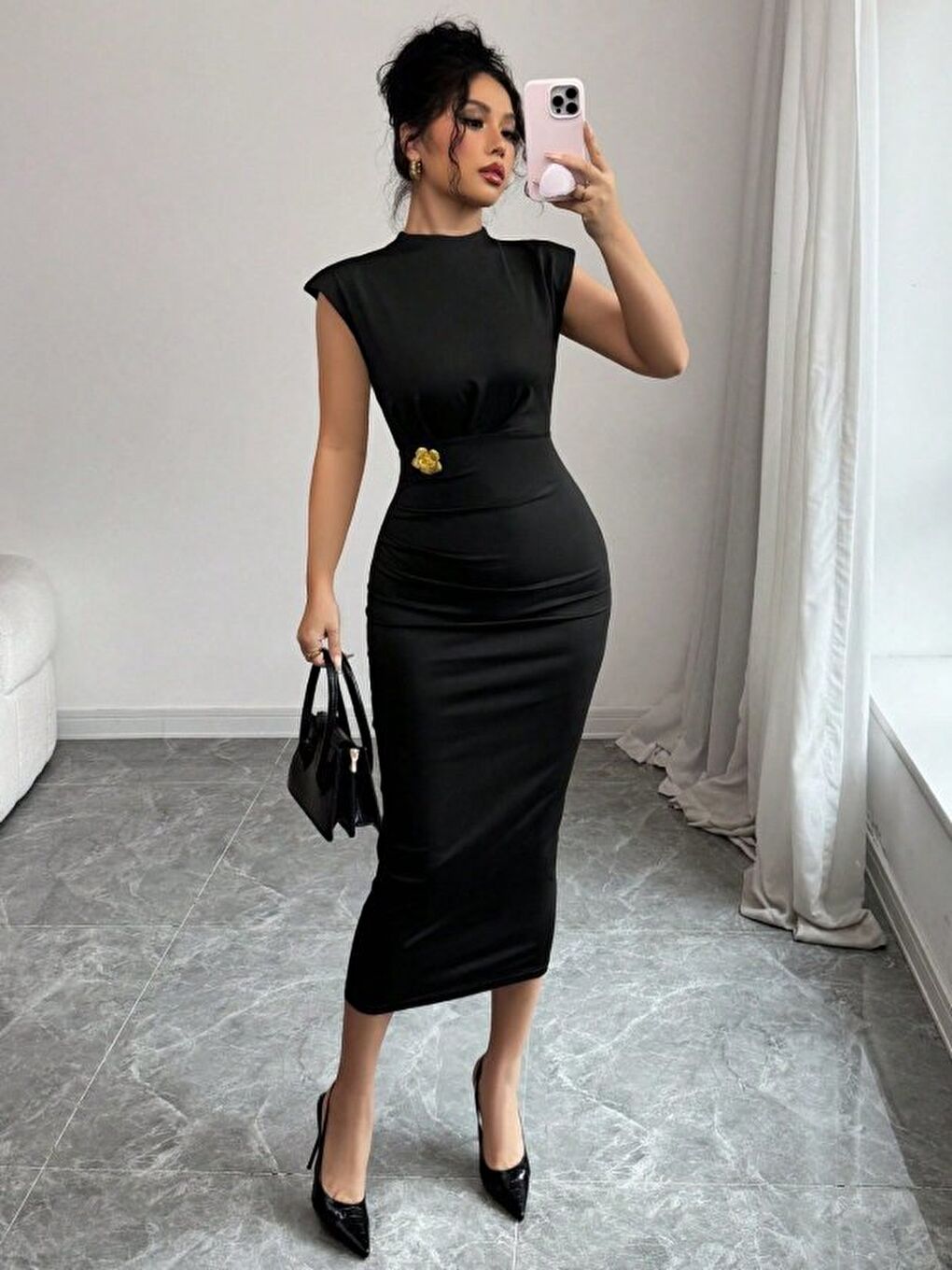 Siyah Kadın Yarı Balıkçı Yaka Kısa Kollu çicek Aksesuar Detaylı Midi Dalgıç Elbise-1