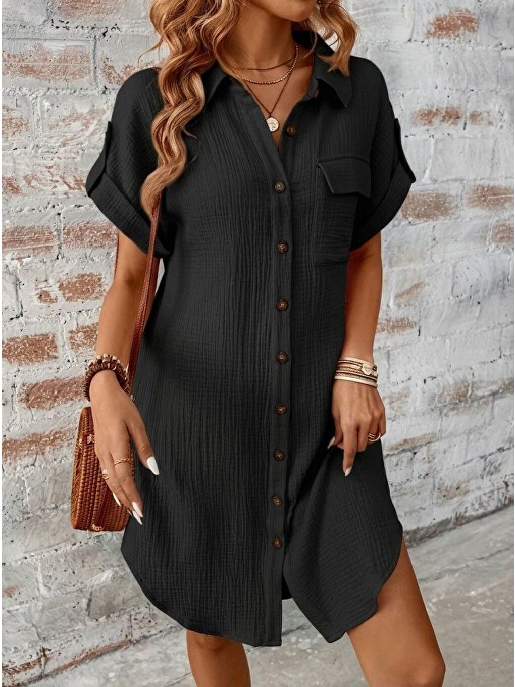 Siyah Kadın Kısa Kollu Yakalı önden Düğmeli Bürümcük Kısa Elbise