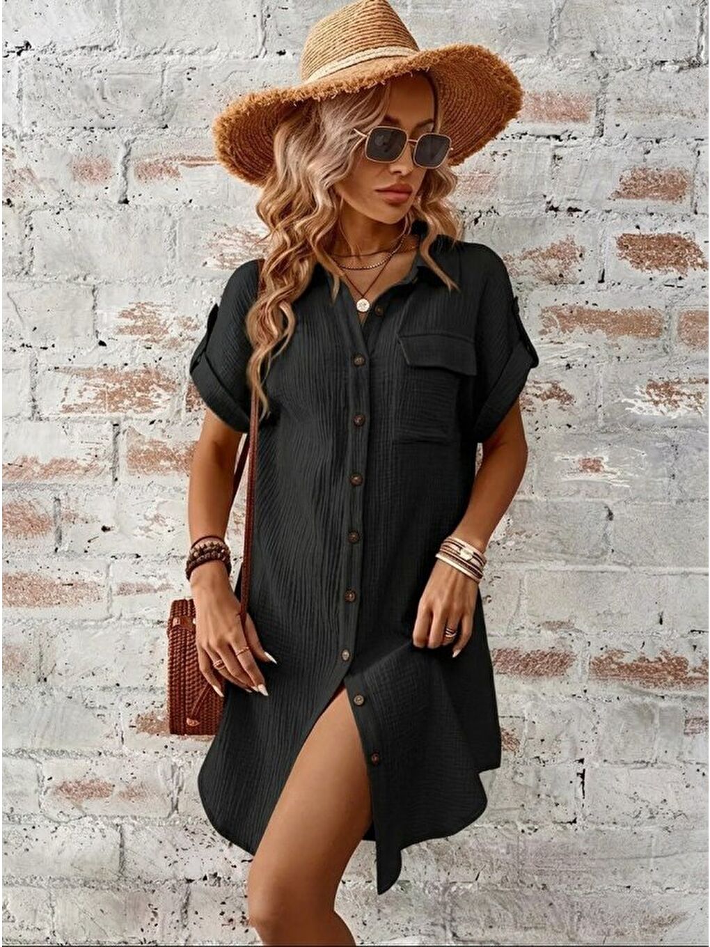 Siyah Kadın Kısa Kollu Yakalı önden Düğmeli Bürümcük Kısa Elbise-1