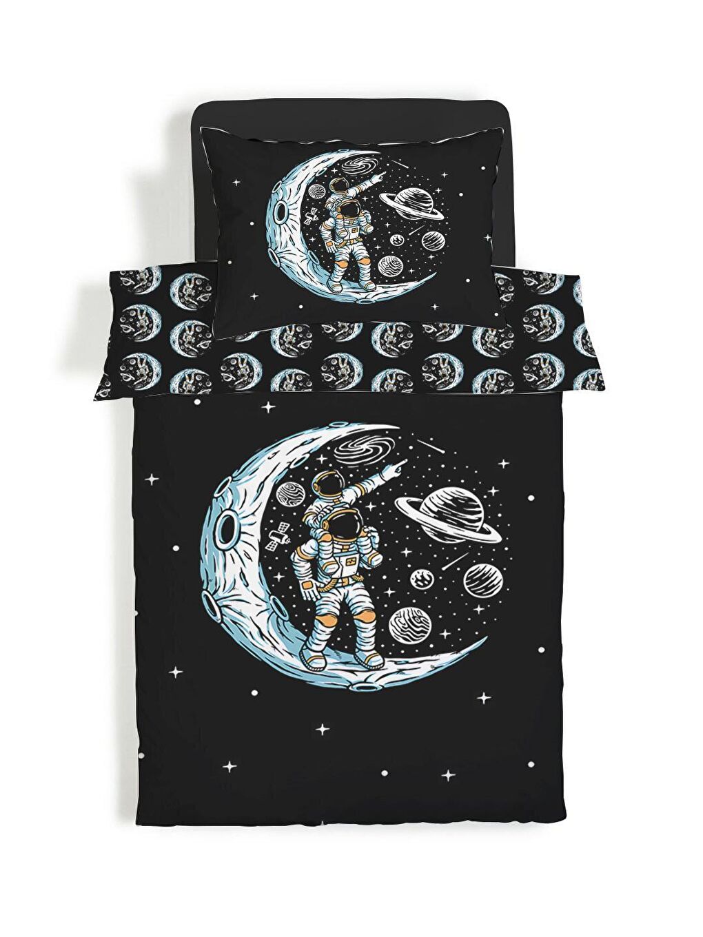 EVMİLA Karışık Çift Taraflı Astronot Desenli Çarşafsız 2'li Takım Baskılı Tek Kişilik Nevresim Takımı 160x220 Cm - 1