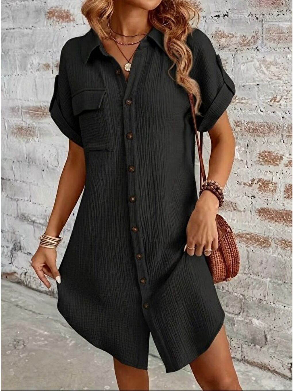 Siyah Kadın Kısa Kollu Yakalı önden Düğmeli Bürümcük Kısa Elbise-2