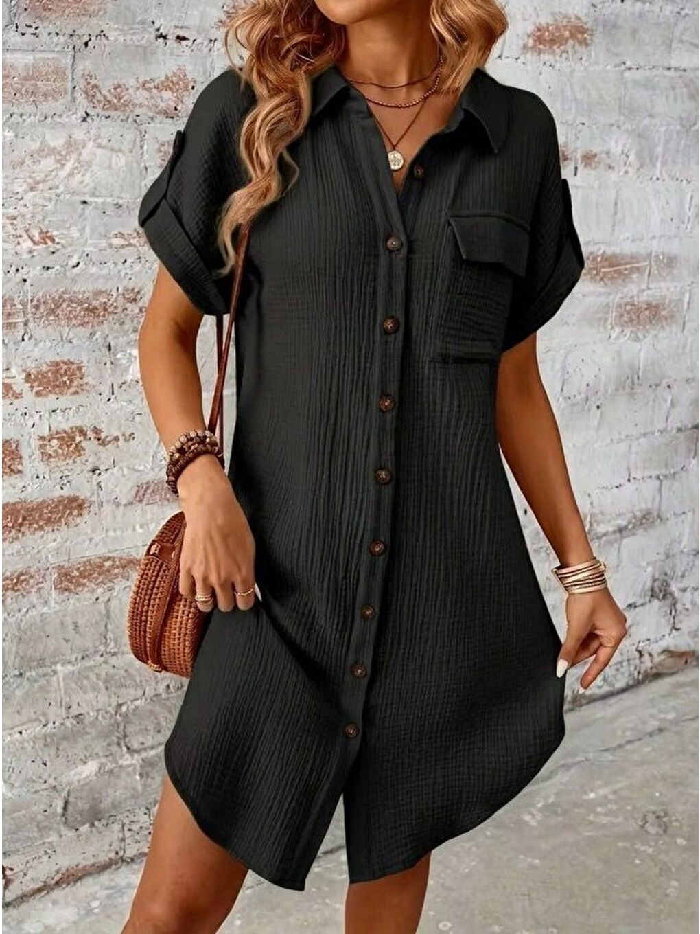 Siyah Kadın Kısa Kollu Yakalı önden Düğmeli Bürümcük Kısa Elbise-3