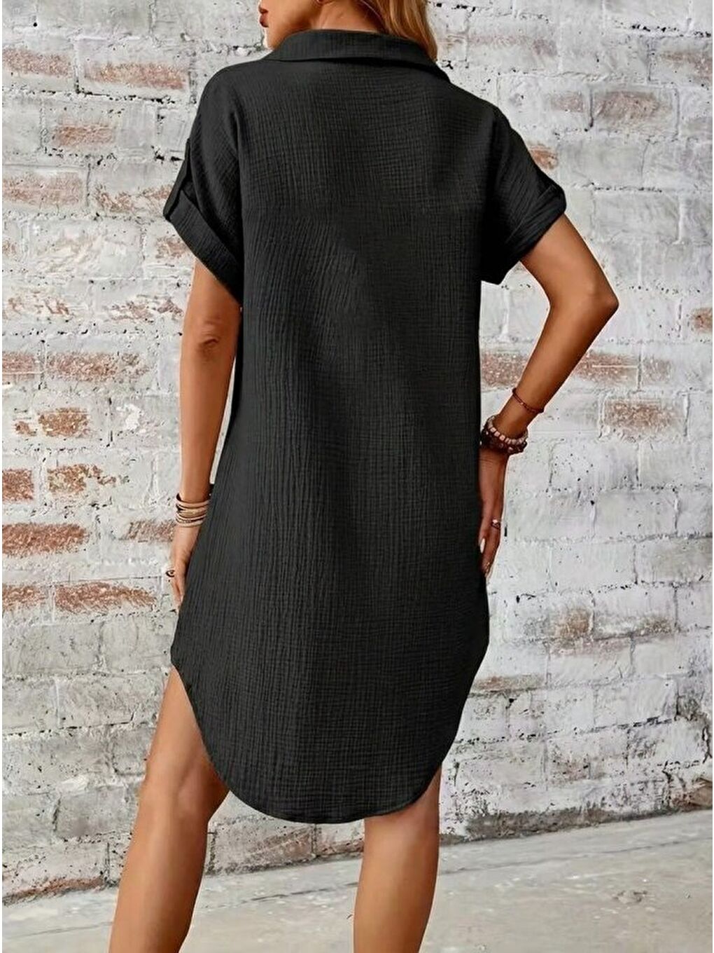 Siyah Kadın Kısa Kollu Yakalı önden Düğmeli Bürümcük Kısa Elbise-4