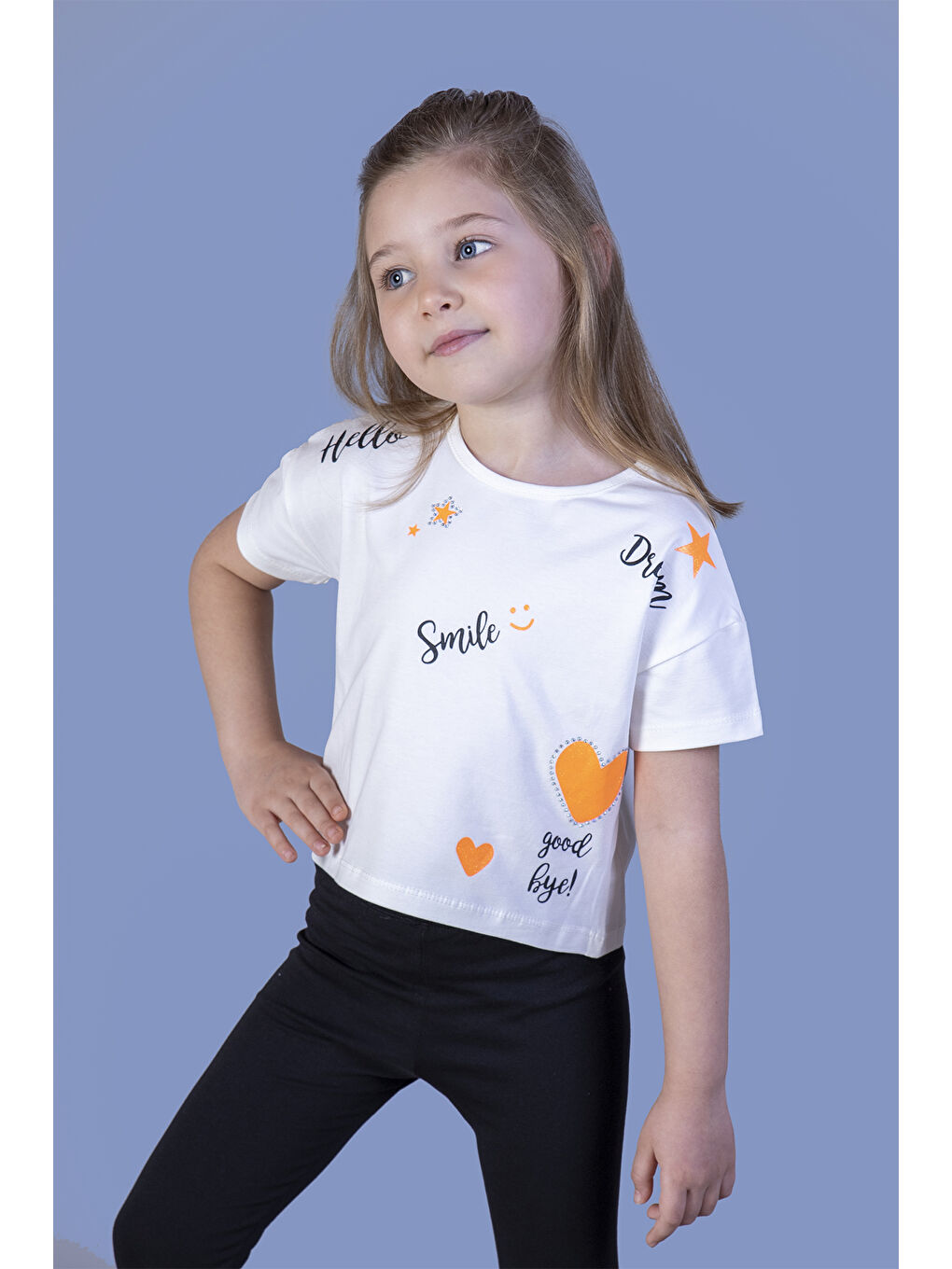 Ekru Kız Çocuk Crop Model Neon Baskılı Tişört