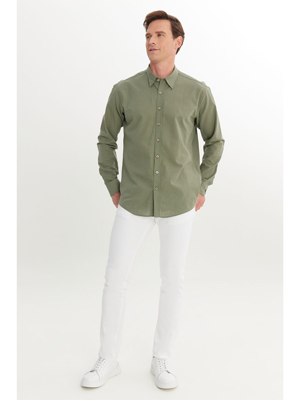 Erkek Haki Comfort Fit Rahat Kesim Gizli Düğme Yaka %100 Pamuk Flamlı Gömlek-1