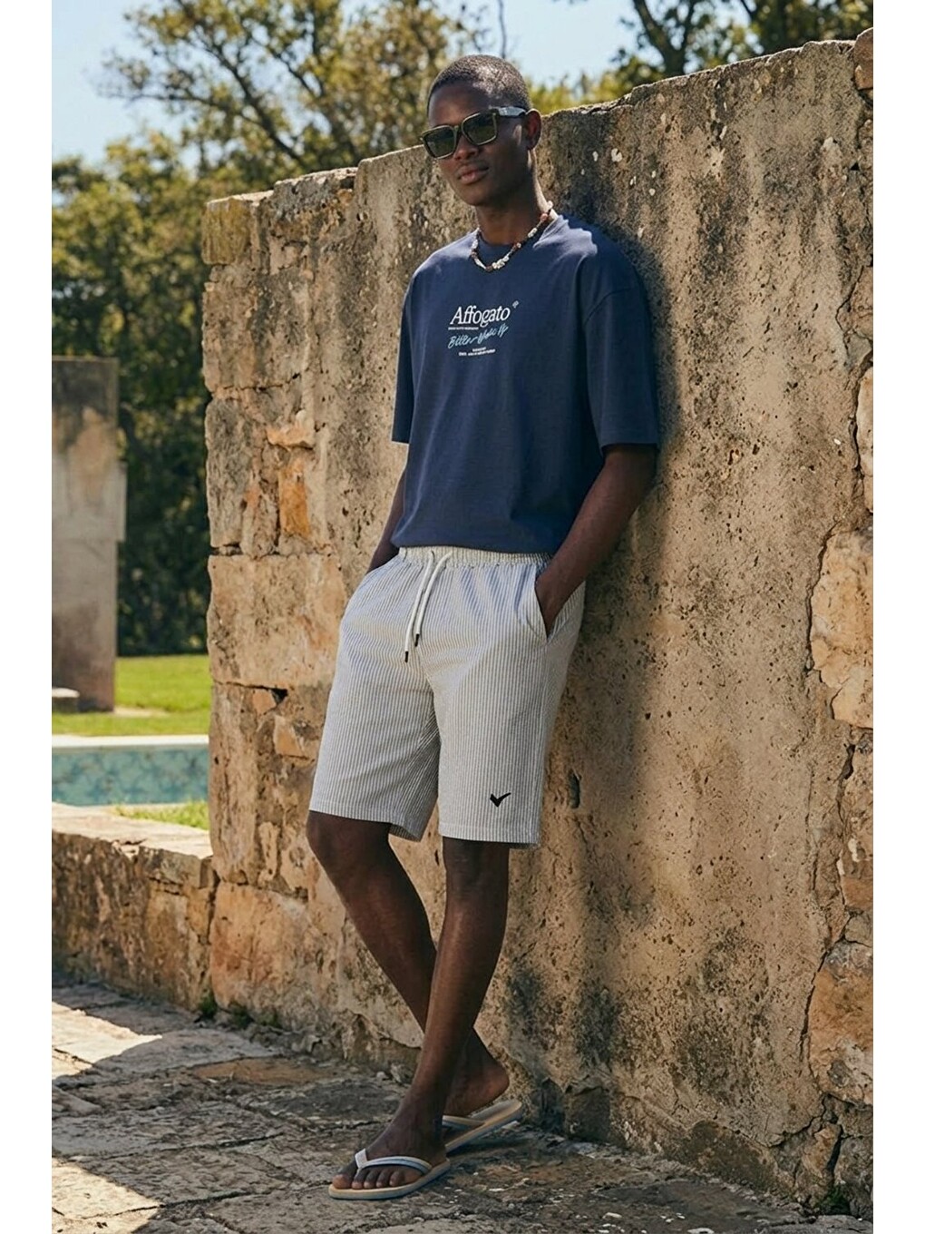 Erkek Relax Fit Beli Lastikli Çizgili Gri Jogger Şort-2