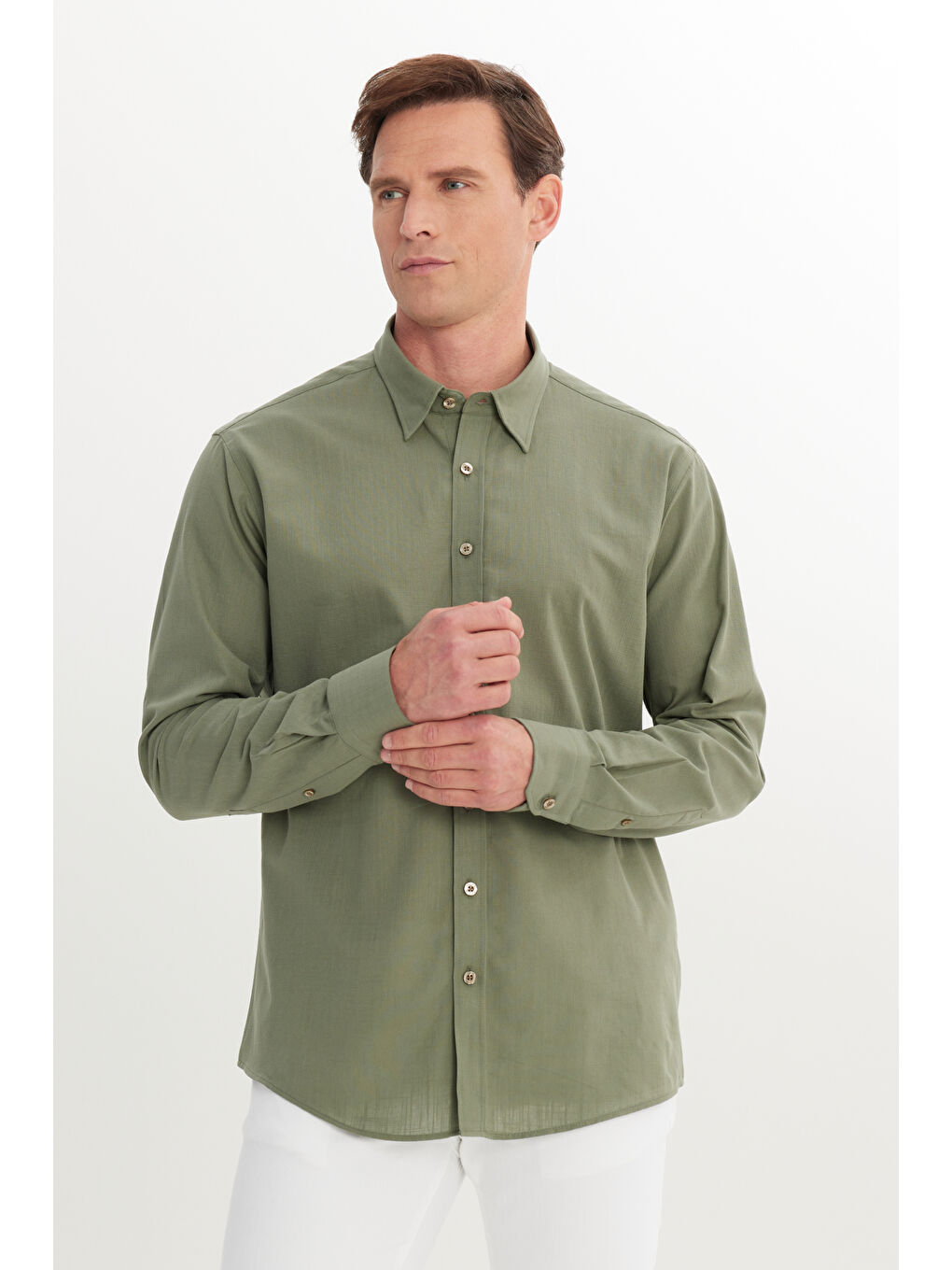 Erkek Haki Comfort Fit Rahat Kesim Gizli Düğme Yaka %100 Pamuk Flamlı Gömlek-2