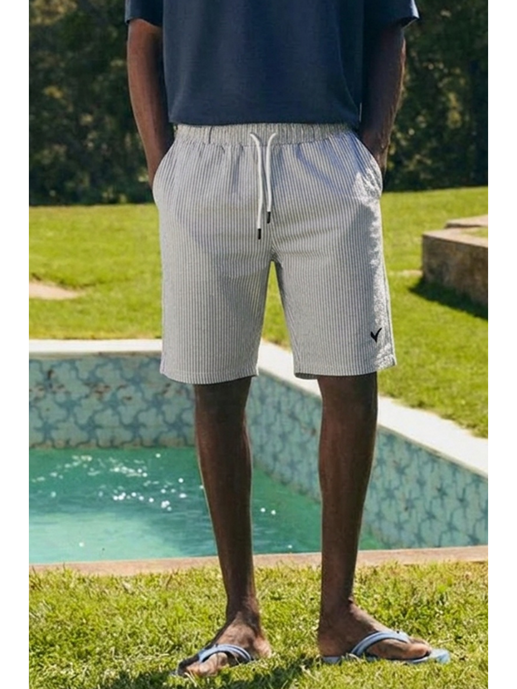 Erkek Relax Fit Beli Lastikli Çizgili Gri Jogger Şort-4