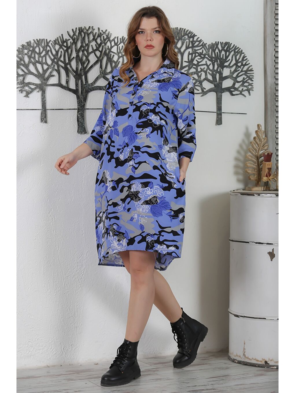 Kamuflaj Mavi Gömlek Yaka Düğmeli 3/4 Kol Gizli Cepli Baskılı Casual Dokuma Elbise 105 58-1