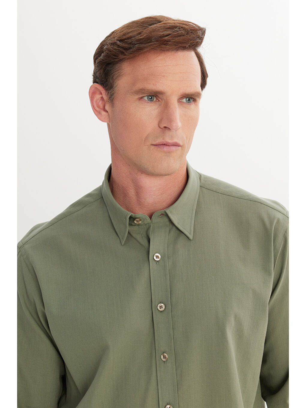 Erkek Haki Comfort Fit Rahat Kesim Gizli Düğme Yaka %100 Pamuk Flamlı Gömlek-3