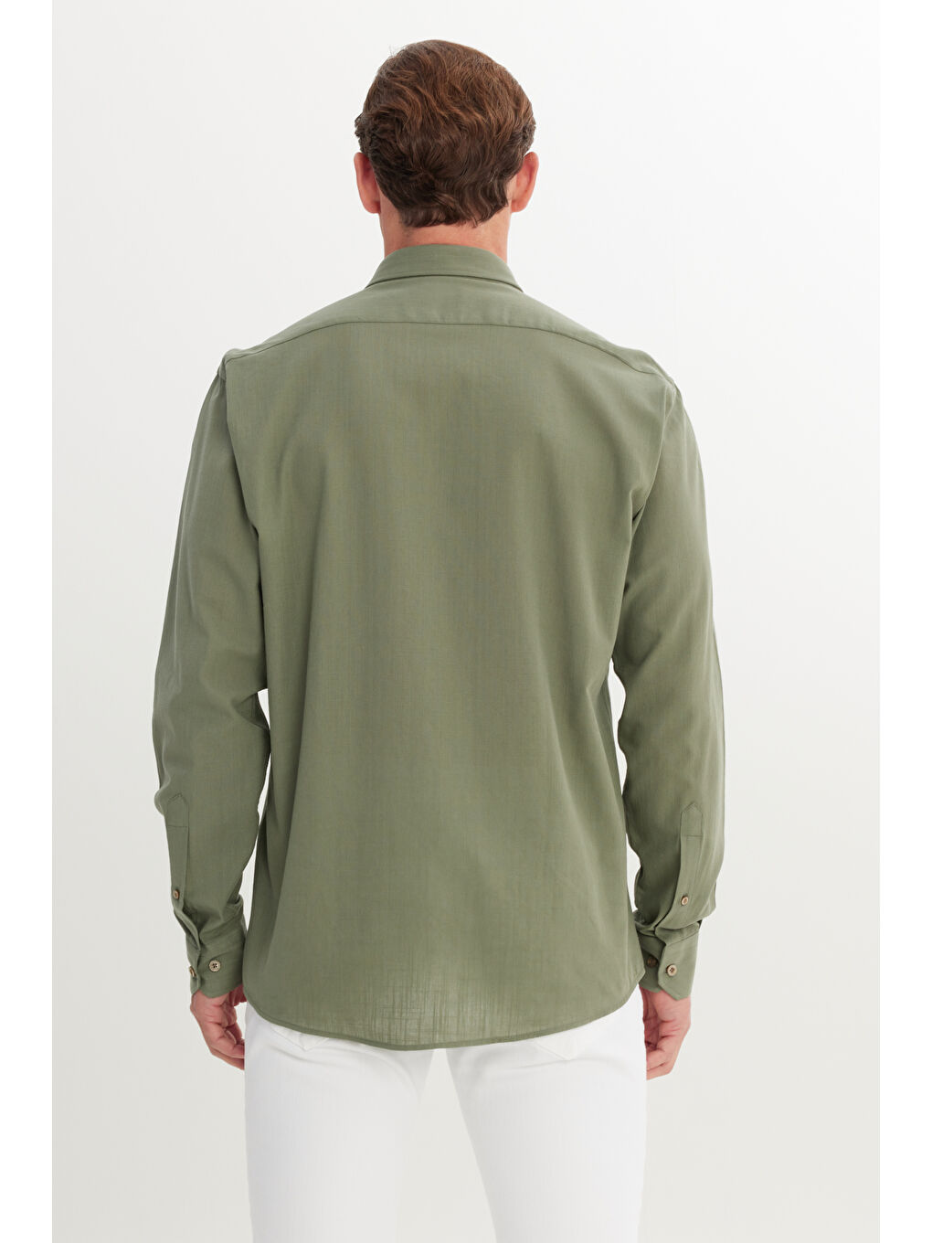 Erkek Haki Comfort Fit Rahat Kesim Gizli Düğme Yaka %100 Pamuk Flamlı Gömlek-4