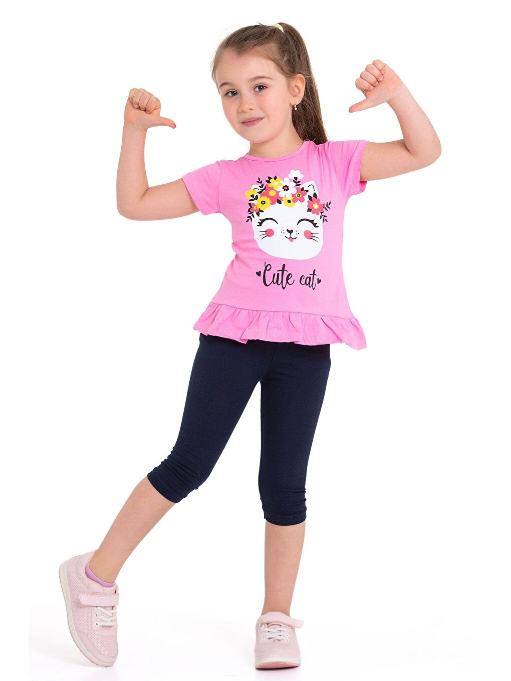 Bisiklet Yaka Kedi Baskılı Pembe Renk Kız Çocuk Taytlı Takım-1