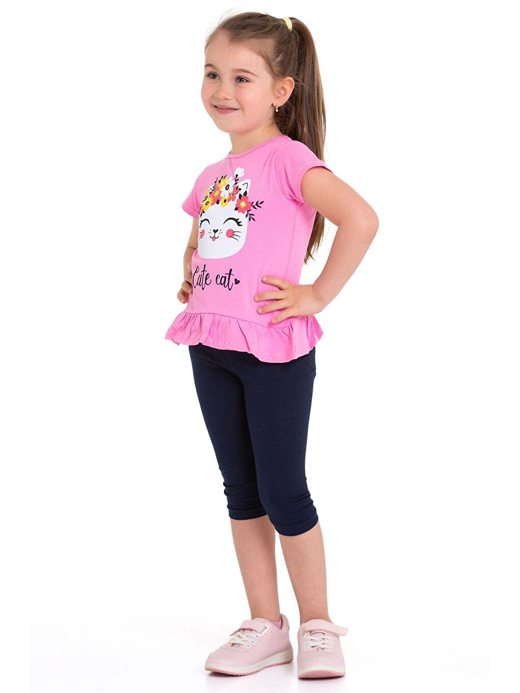 Bisiklet Yaka Kedi Baskılı Pembe Renk Kız Çocuk Taytlı Takım-3