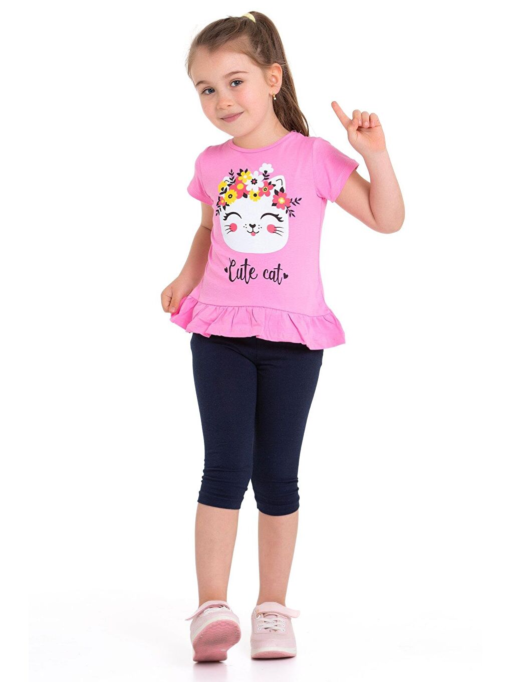 Bisiklet Yaka Kedi Baskılı Pembe Renk Kız Çocuk Taytlı Takım-4