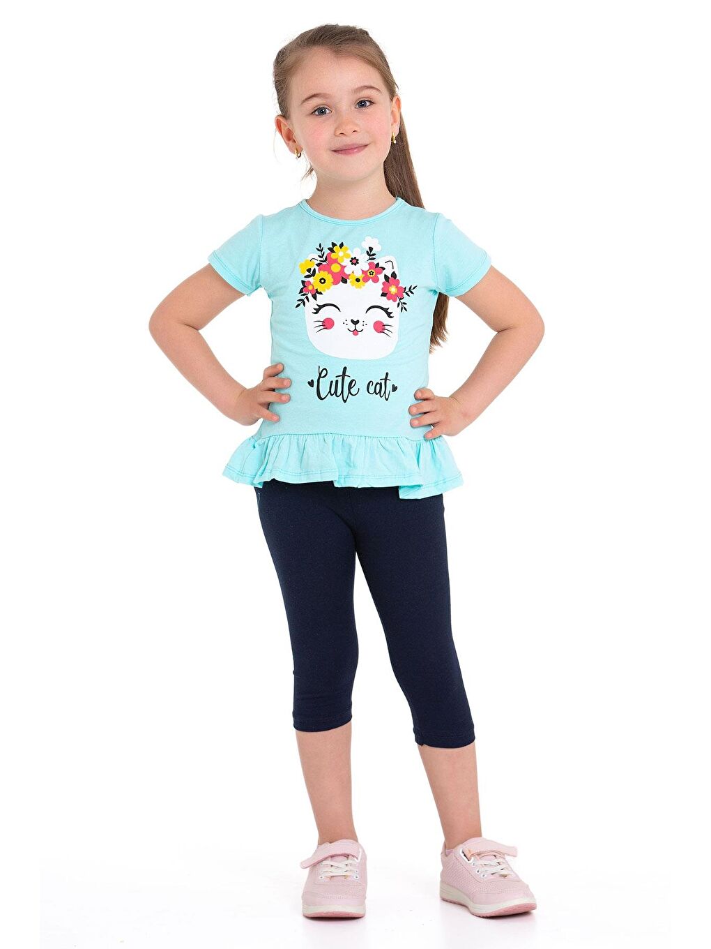 Yeşil Bisiklet Yaka Kedi Baskılı Mint Renk Kız Çocuk Taytlı Takım