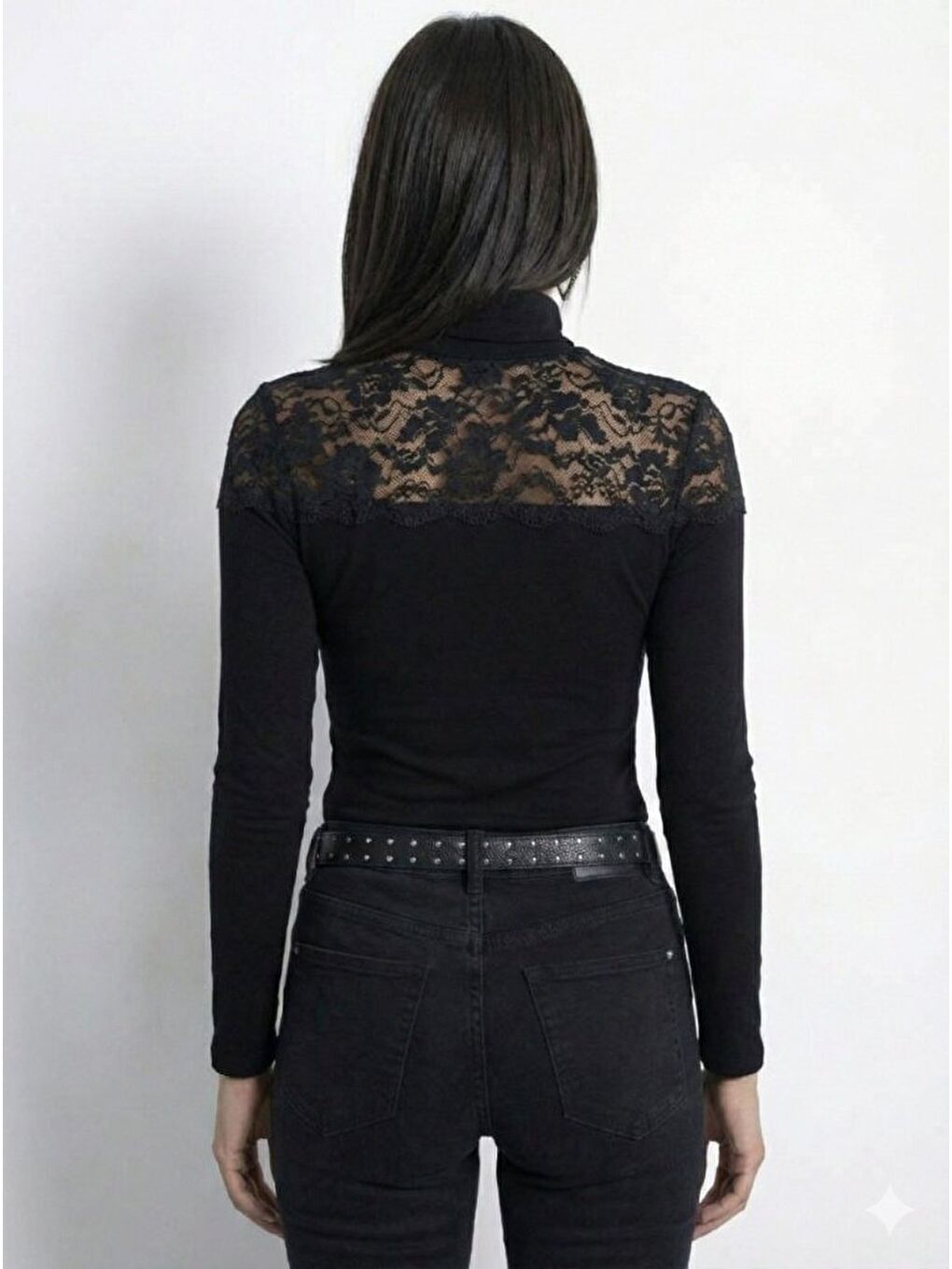 Siyah Kadın Uzun Kollu Balıkçı Yaka Dantelli Kaşkorse Bluz-1