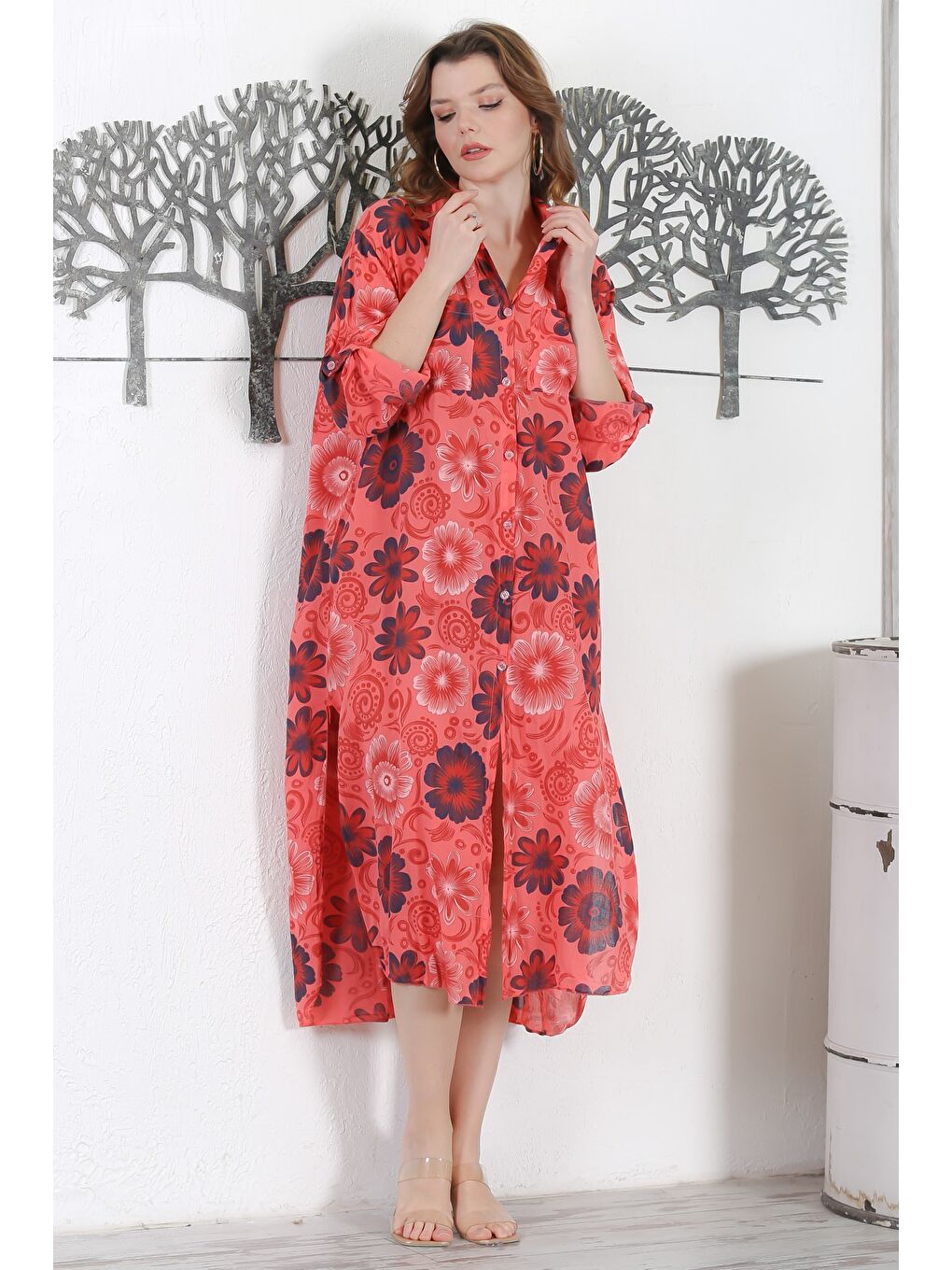 İtalyan Turuncu Gömlek Yaka Düğmeli Uzun Kollu Çift Cepli Allover Baskılı Dokuma Elbise 130 65-1