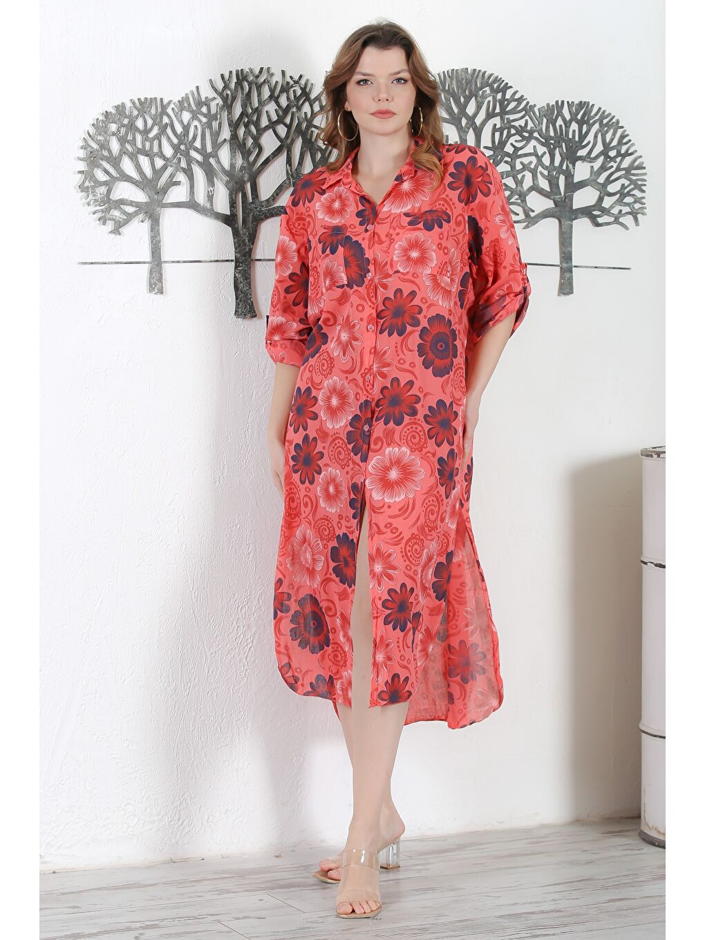 İtalyan Turuncu Gömlek Yaka Düğmeli Uzun Kollu Çift Cepli Allover Baskılı Dokuma Elbise 130 65-2