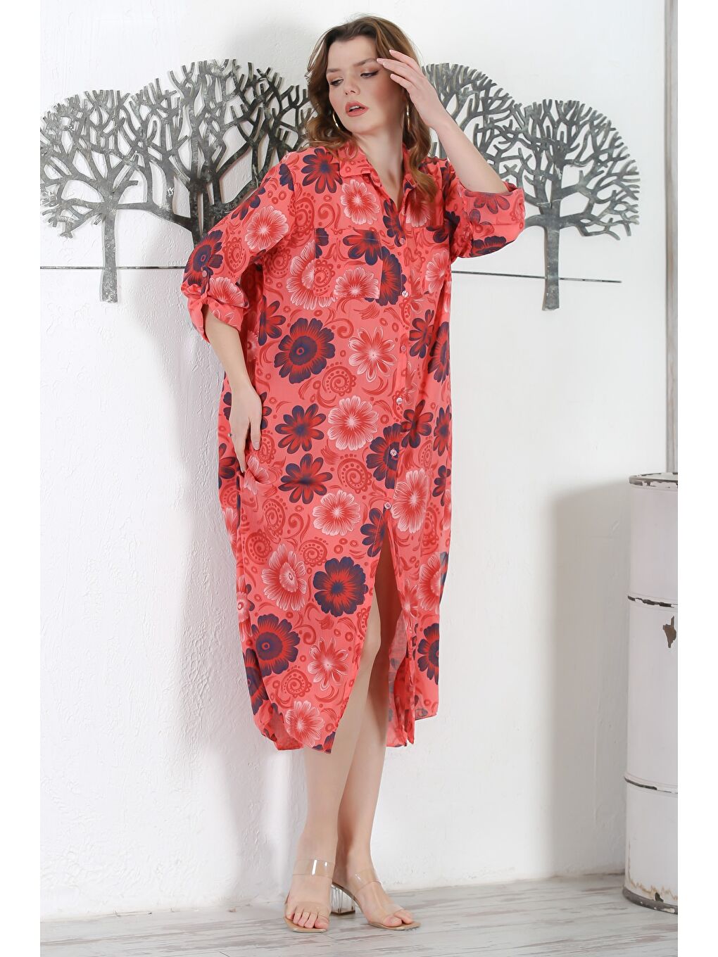 İtalyan Turuncu Gömlek Yaka Düğmeli Uzun Kollu Çift Cepli Allover Baskılı Dokuma Elbise 130 65-3