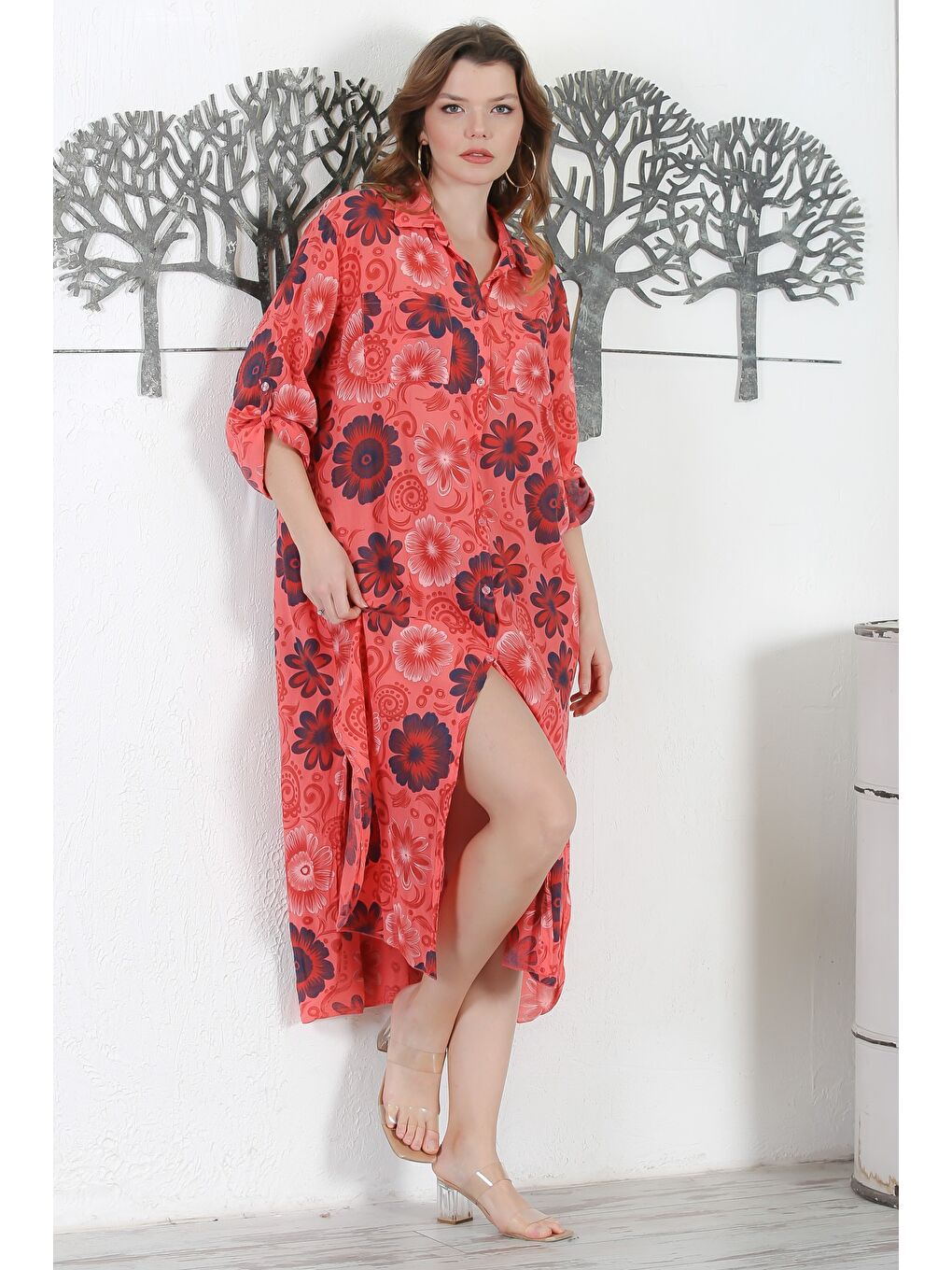 İtalyan Turuncu Gömlek Yaka Düğmeli Uzun Kollu Çift Cepli Allover Baskılı Dokuma Elbise 130 65-4