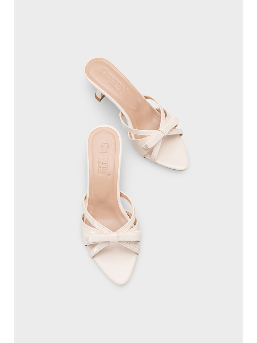 Ekru Holli Sivri Burunlu Bantlı Orta Topuklu Kadın Terlik-5