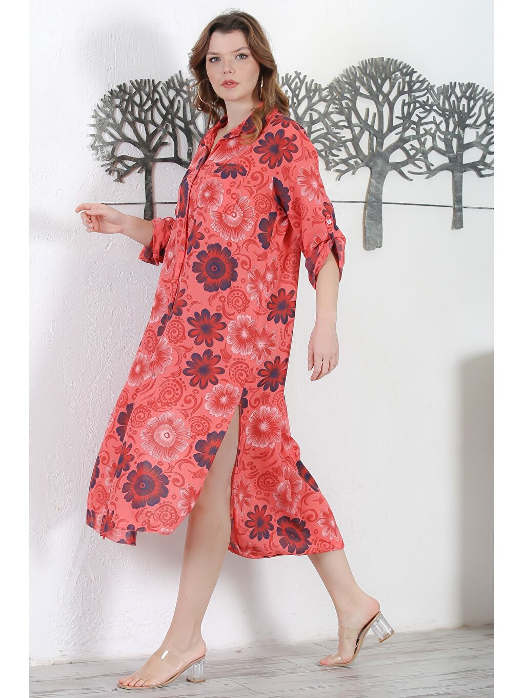 İtalyan Turuncu Gömlek Yaka Düğmeli Uzun Kollu Çift Cepli Allover Baskılı Dokuma Elbise 130 65-6