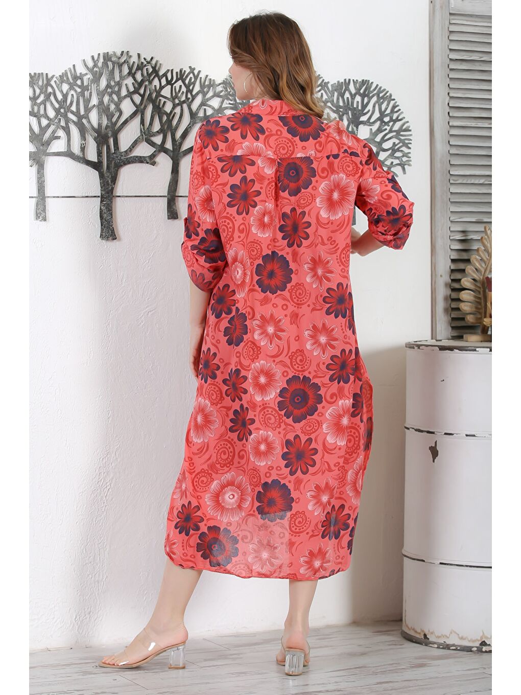 İtalyan Turuncu Gömlek Yaka Düğmeli Uzun Kollu Çift Cepli Allover Baskılı Dokuma Elbise 130 65-7