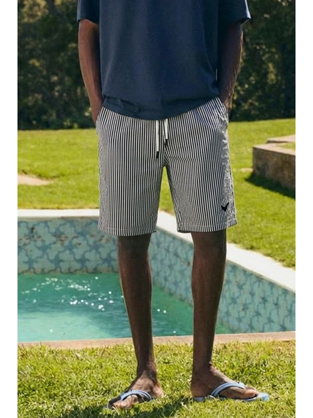 Gri Erkek Relax Fit Beli Lastikli Çizgili Füme Jogger Şort-4
