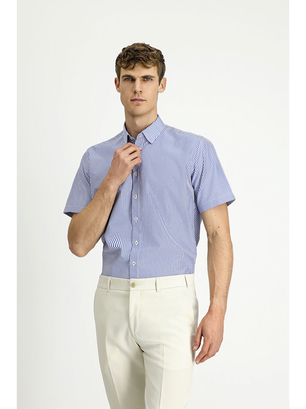 Mavi Kısa Kol Regular Fit Çizgili Pamuklu Kolay Ütülenebilir Gömlek