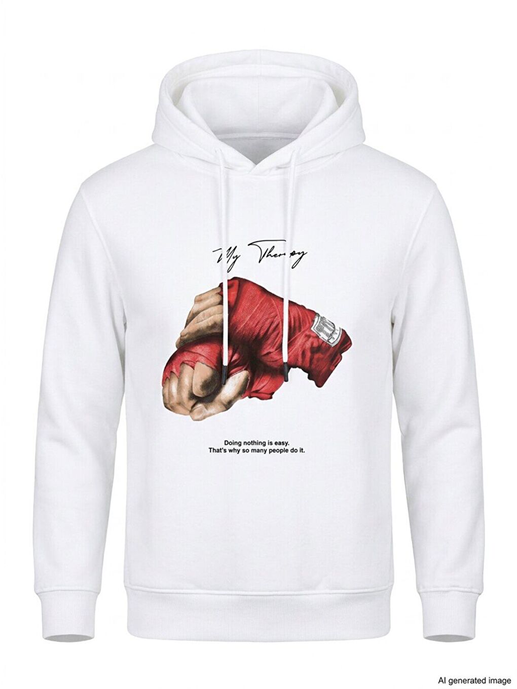 Unisex Kapüşonlu Üç İplik Oversize Baskılı Sweatshirt - Beyaz