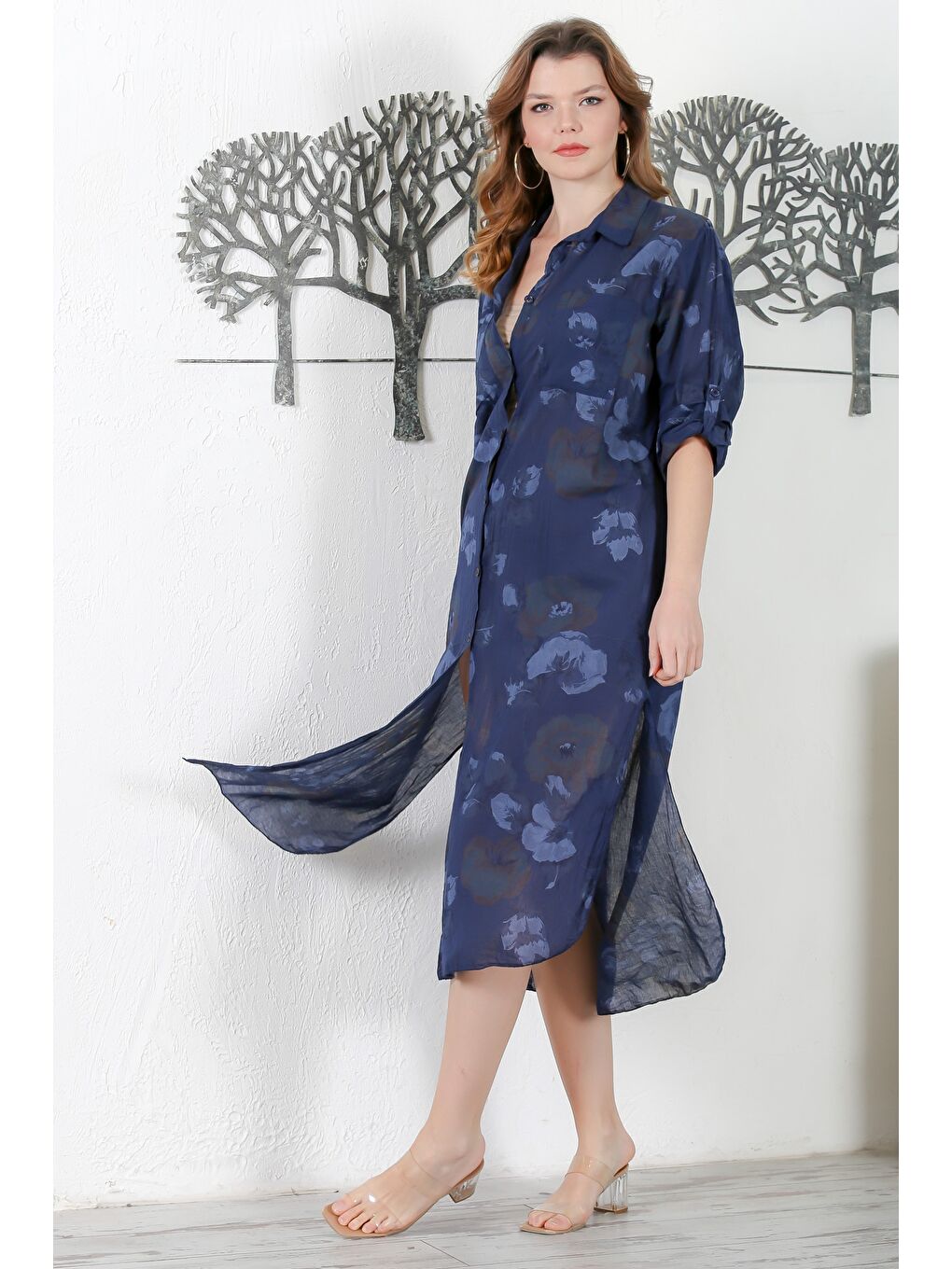 İtalyan Lacivert Gömlek Yaka Düğmeli Uzun Kollu Çift Cepli Allover Baskılı Dokuma Elbise 130 65-1