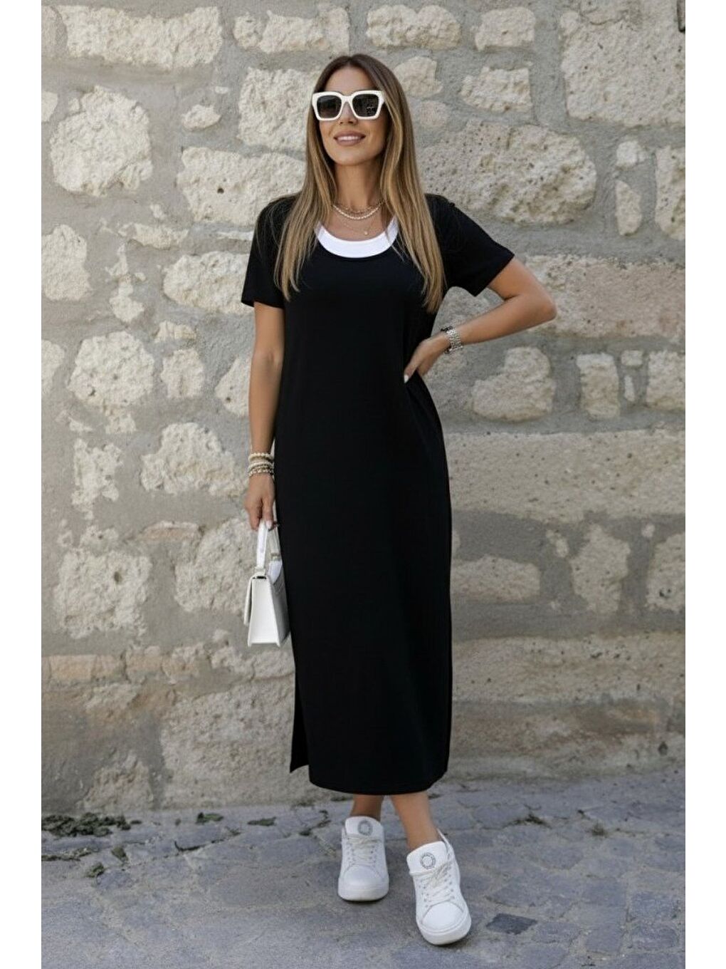 Siyah Kadın Kısa Kollu Içi Atlet Görünümlü Yandan Yırtmaçlı Uzun Viskon Elbise-1