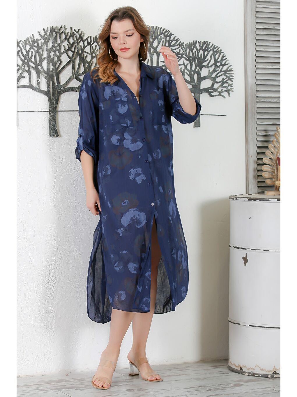 İtalyan Lacivert Gömlek Yaka Düğmeli Uzun Kollu Çift Cepli Allover Baskılı Dokuma Elbise 130 65-3