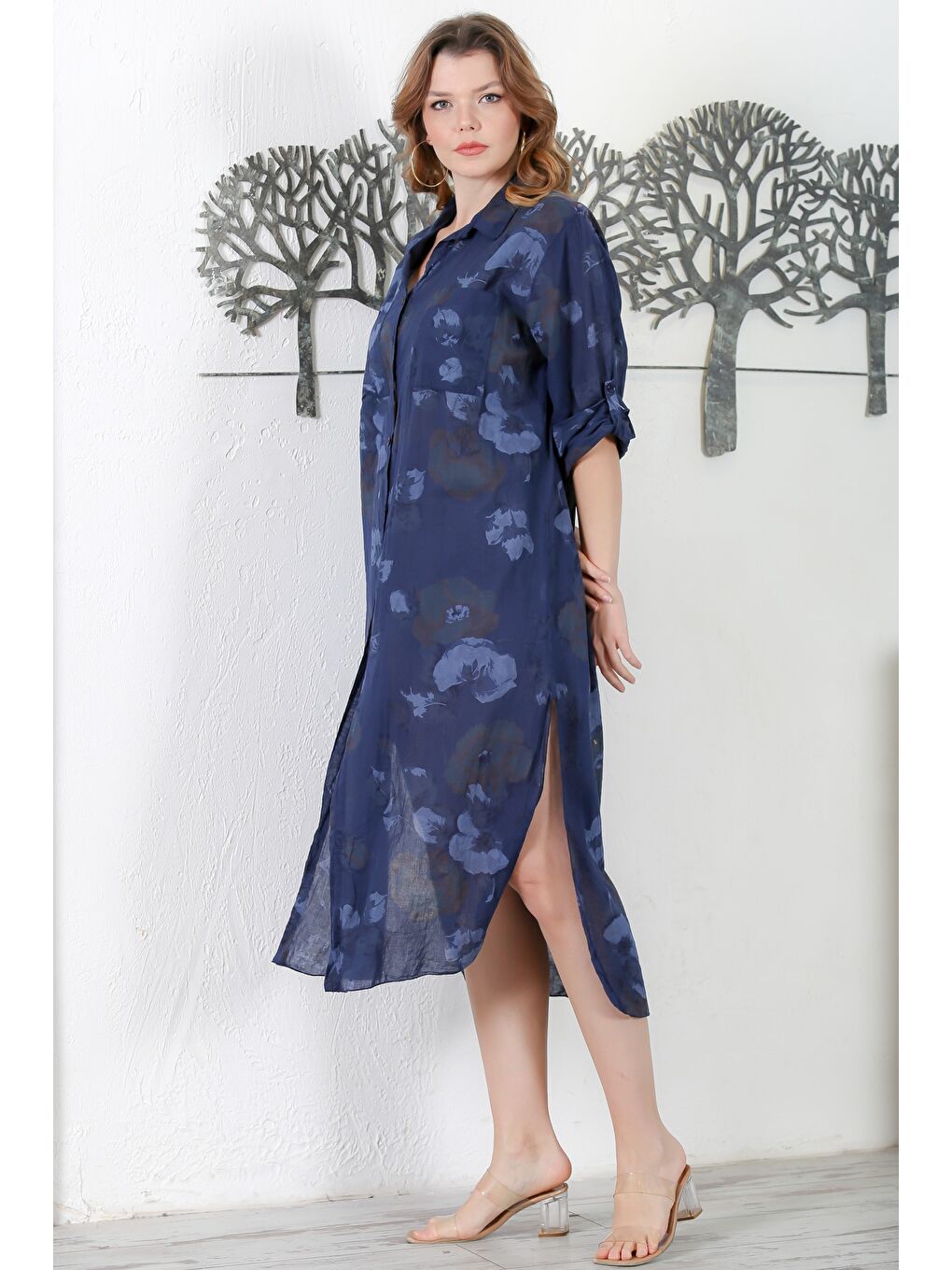 İtalyan Lacivert Gömlek Yaka Düğmeli Uzun Kollu Çift Cepli Allover Baskılı Dokuma Elbise 130 65-6