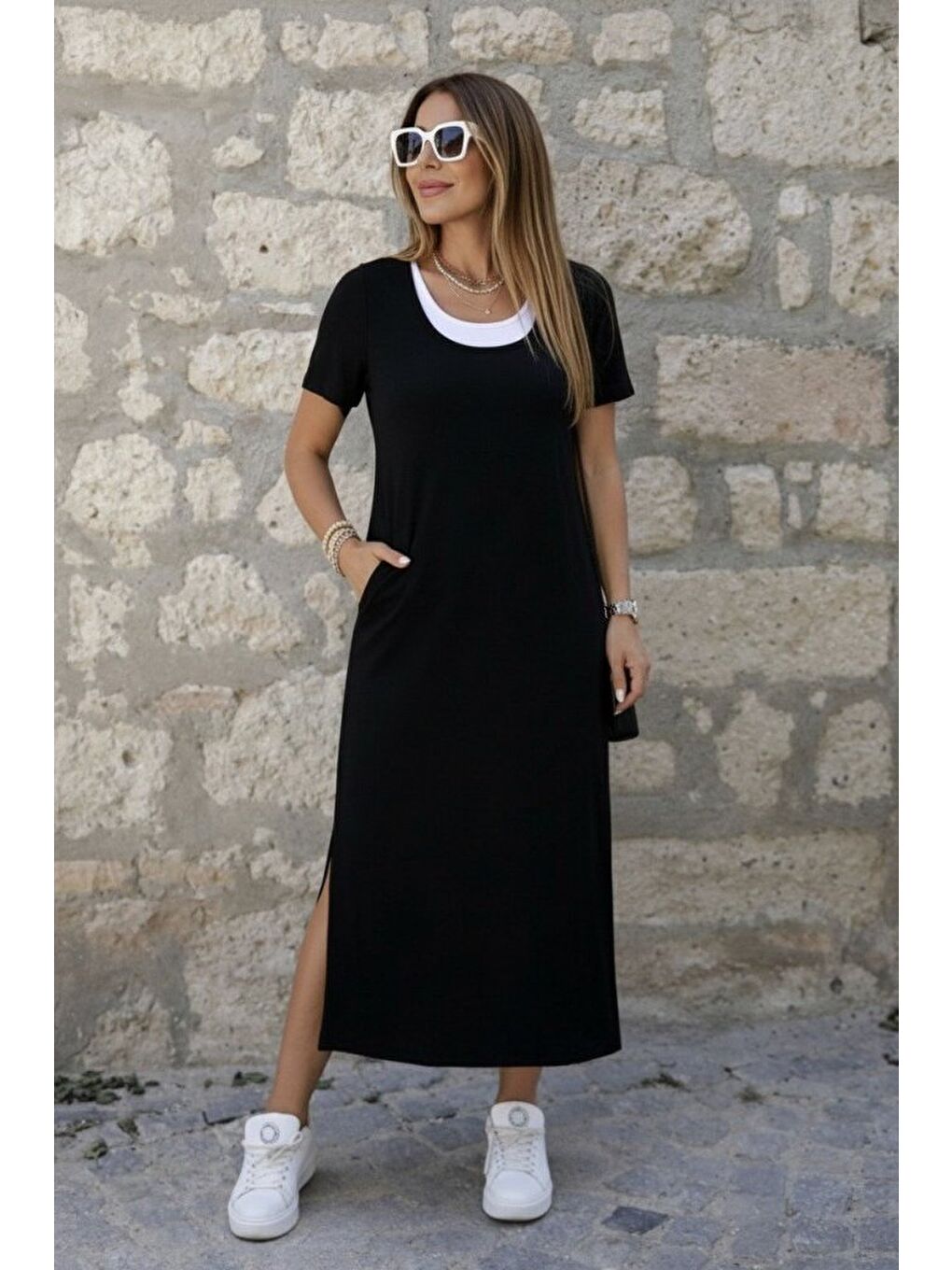 Siyah Kadın Kısa Kollu Içi Atlet Görünümlü Yandan Yırtmaçlı Uzun Viskon Elbise-2