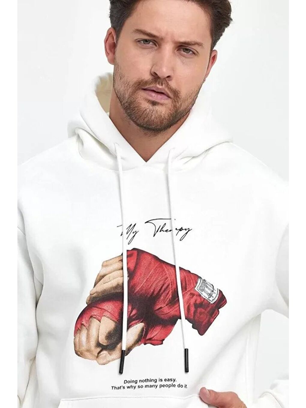 Unisex Kapüşonlu Üç İplik Oversize Baskılı Sweatshirt - Beyaz-1