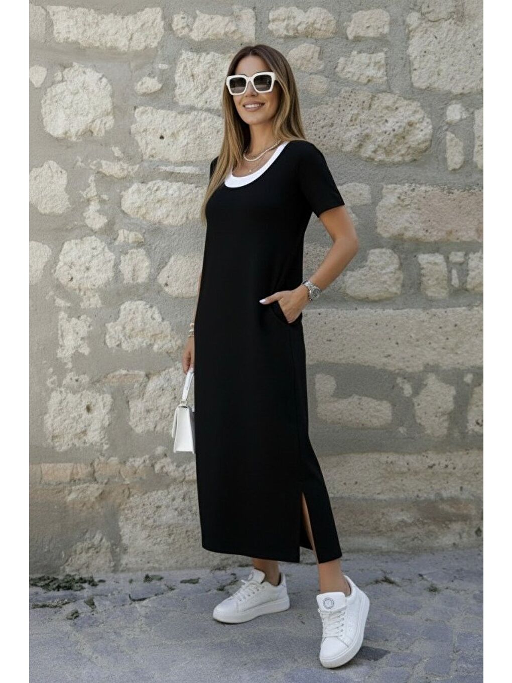 Siyah Kadın Kısa Kollu Içi Atlet Görünümlü Yandan Yırtmaçlı Uzun Viskon Elbise-3