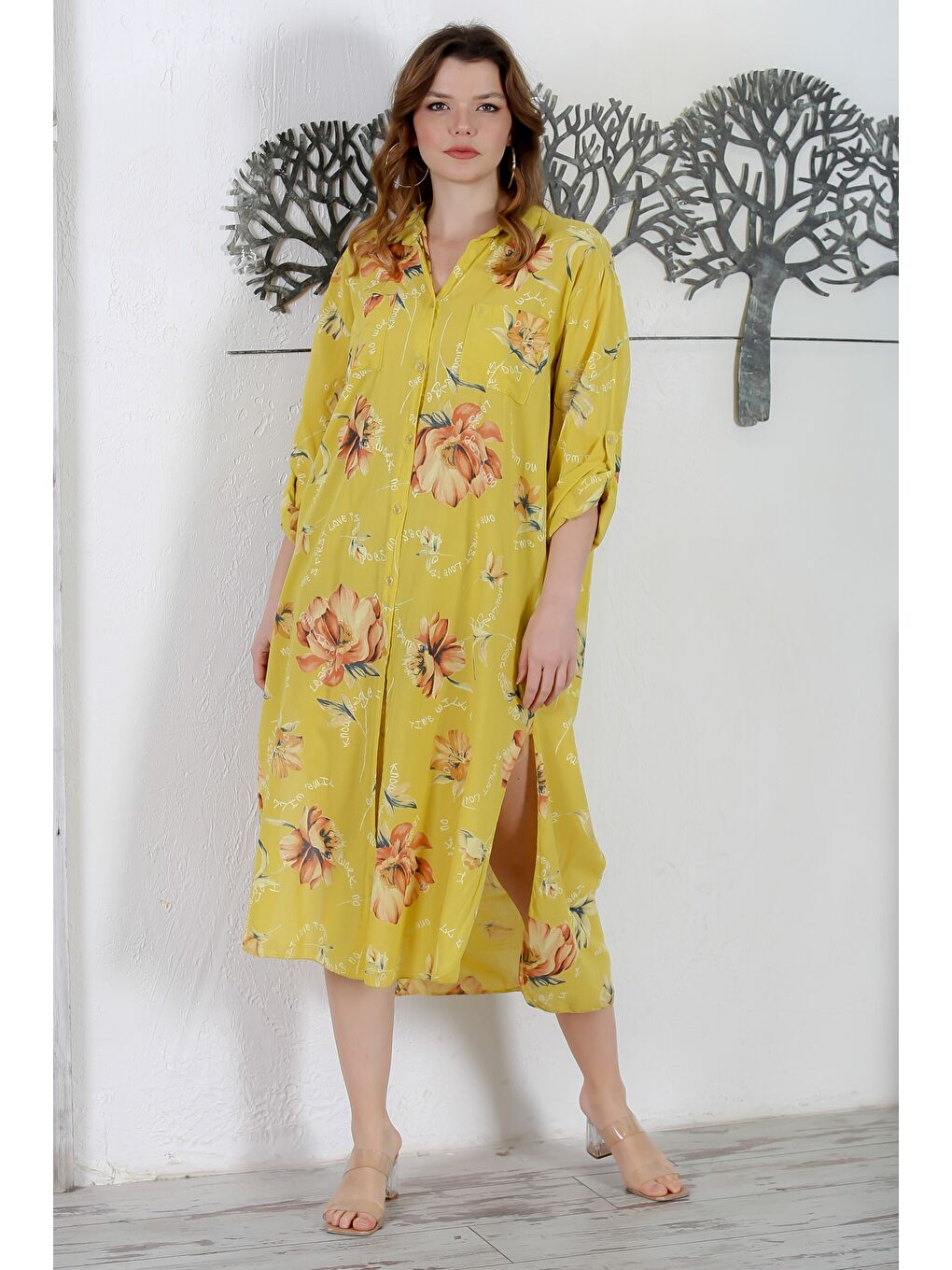 İtalyan Sarı Gömlek Yaka Düğmeli Uzun Kollu Çift Cepli Allover Baskılı Dokuma Elbise 130 65-3